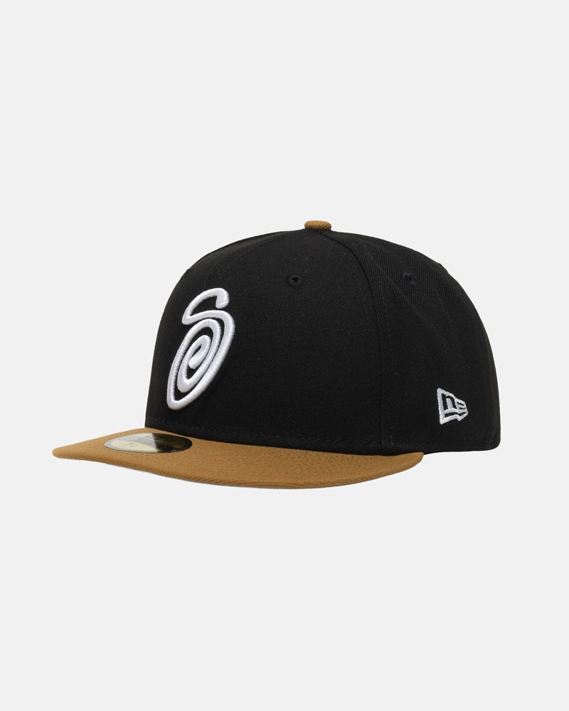 Casquette Stussy New Era 59Fifty Curly S Noir Doré | DVO-57068029