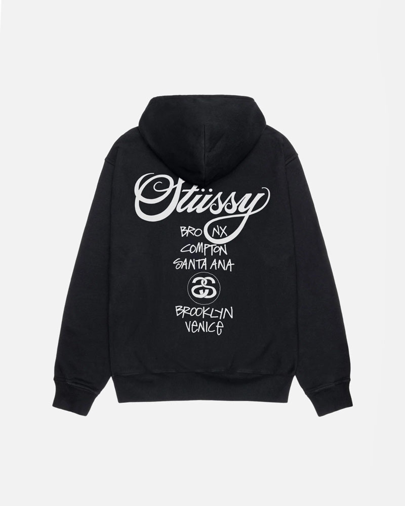 Sweat a Capuche Stussy World Tour Pigment Dyed Noir | UZH-93948469