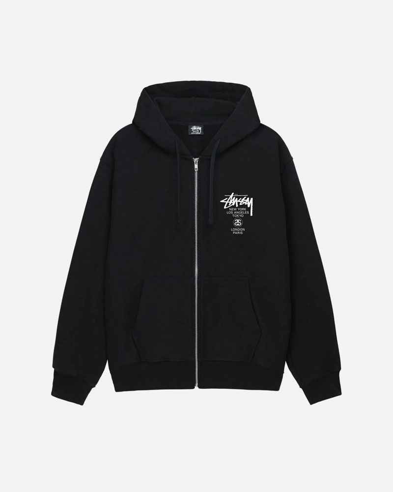 Sweat a Capuche Stussy World Tour Zip Noir | SYE-86570834