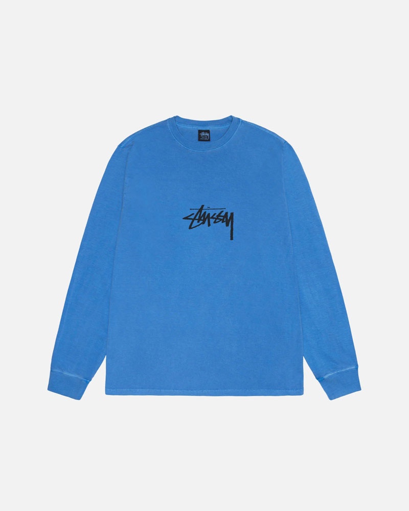 Sweatshirt Stussy Small Stock LS Tee Pigment Dyed Bleu | TEO-09678303