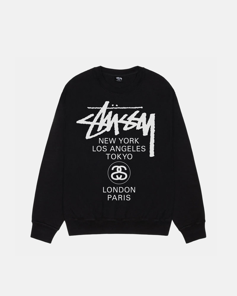 Sweatshirt Stussy World Tour Crew Pigment Dyed Noir | QAT-86038503