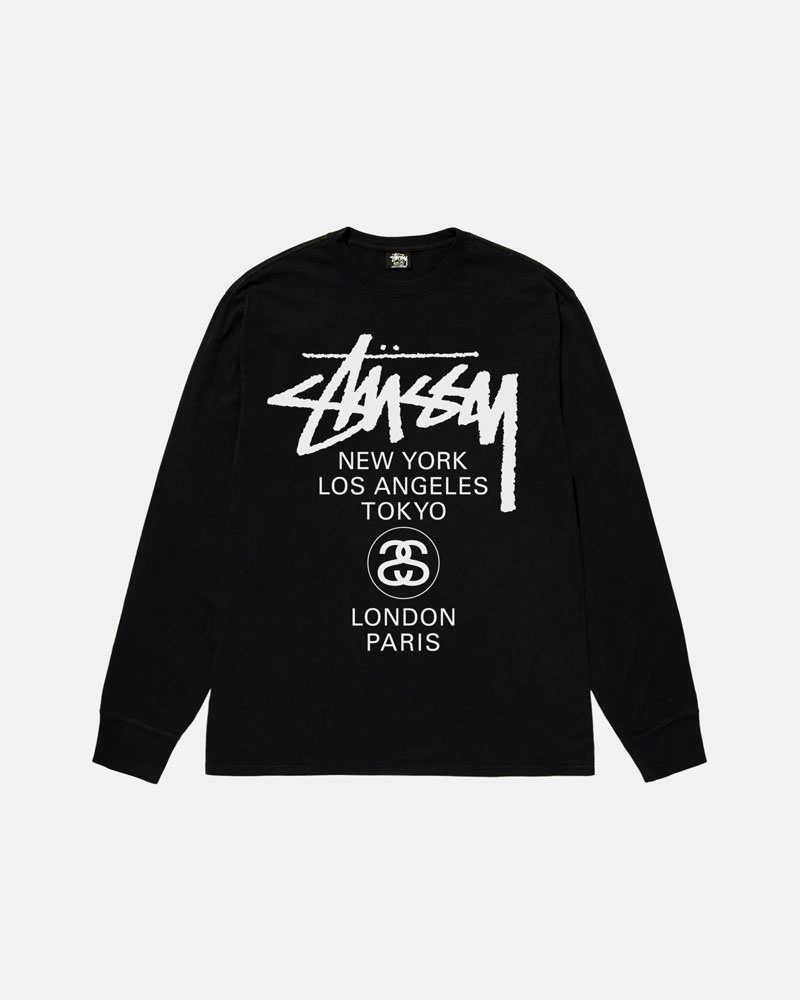 T Shirts Stussy World Tour LS Noir | WGO-84049014